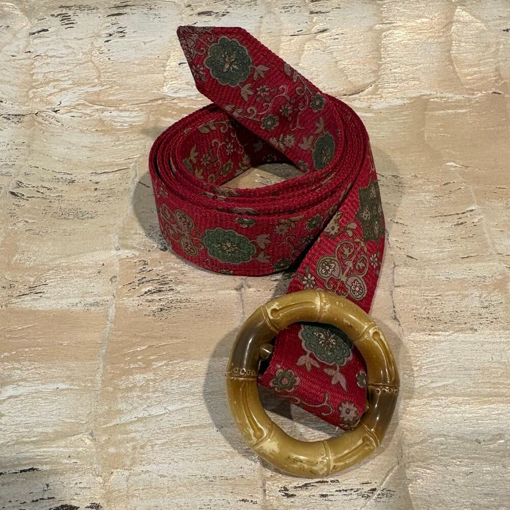 VTG FAUX HORN BUCKLE Belt Ribbed Textile Red Sz M-L Eclectic Bohemian Folk Style